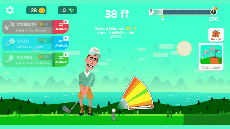 A dynamic scene from Golf Orbit featuring a golfer launching a ball towards space with colorful backgrounds and fun characters.

